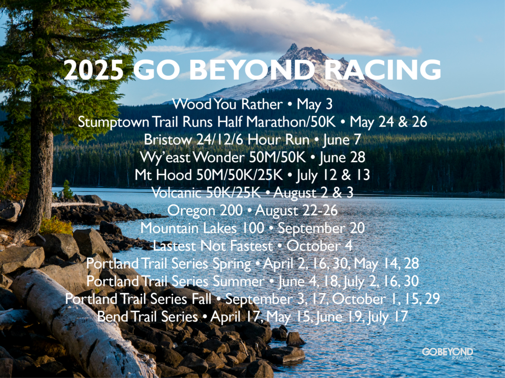 View from Mountain Lakes 100 with 2025 race schedule on top