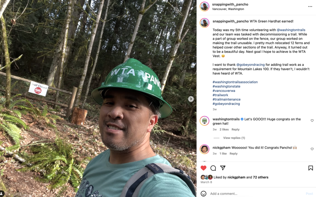 Mountain Lakes 100 runner doing trail work with the Washington Trails Association